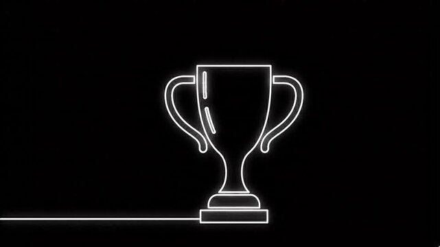 Continuous line art trophy icon being drawn stroke-by-stroke, thin white lines on black background, smooth path animation, vector precision, camera top-down static view, clean motion timing
