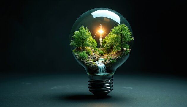 Tiny forest ecosystem with waterfall inside glowing light bulb. Idea of nature preservation and green energy innovation. Creative concept for eco friendly future.