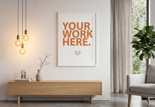 Vertical poster mockup in white wooden frame in modern interior