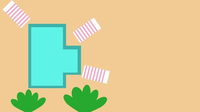 Animated Swimming Pool Top View with Beach Towels and Green Bushes on Sandy Background Summer Vacation