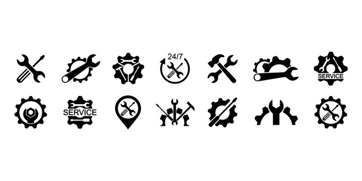 Service icons set. Wrench, hammer, screwdriver and gear icon. Auto logo services. Service sign, settings and repair &ndash; vector