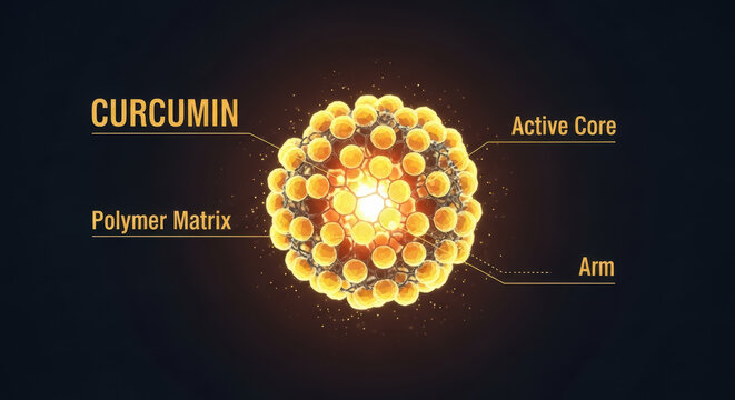 Curcumin molecule structure is displayed as a detailed scientific diagram highlighting the active core and polymer matrix for medical education.