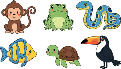 Obraz premium Cute Cartoon Jungle Animals Set Including Monkey Frog Snake Fish Turtle and Toucan Colorful Wildlife Character Collection Vector Illustration