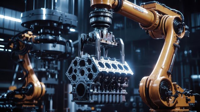 Robotic arm precisely lifting a complex V8 engine block in a modern factory setting.