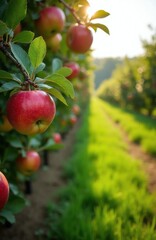 Obraz premium Ripe red apples grow on branches in an orchard at sunset. Rows of fruit trees stretch into the distance under warm golden light. Green grass lines the path between plants.