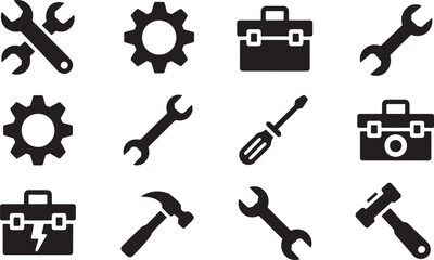 Fototapeta premium A collection of twelve black and white representing tools and equipment wrench spanner