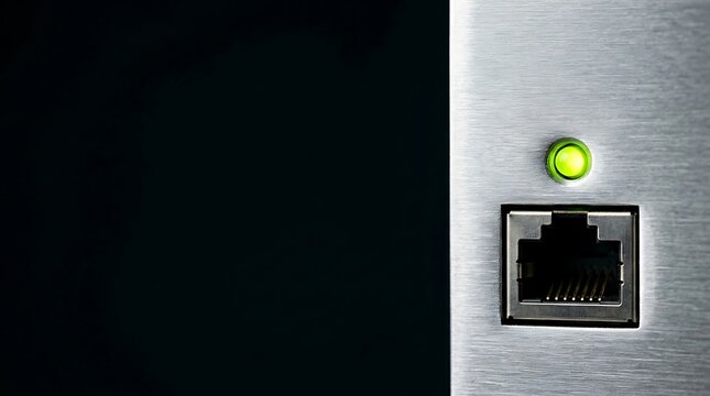 Network ethernet port and green led light indicator close up on metal surface.
