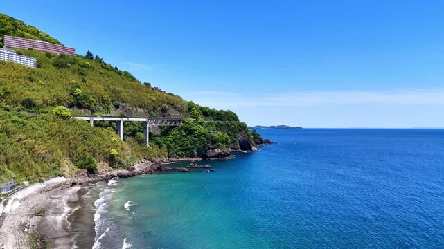 Blue Ocean Waves | Steep Cliffs | Atami Coast | Japan - 4K Aerial Video
