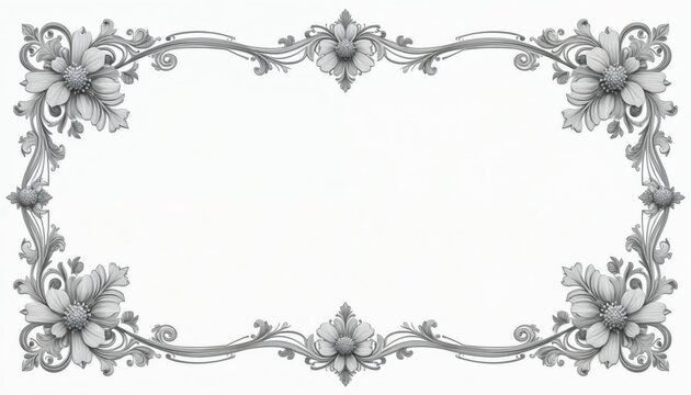 Ornate grey floral frame borders a blank white space. Intricate swirls and flowers create a vintage design. Perfect for invitations cards or elegant graphics.