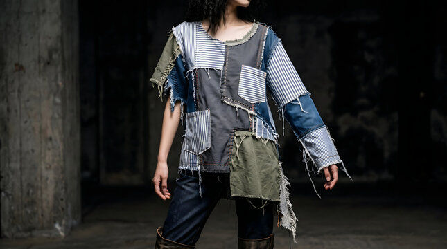 f Deconstructed Patchwork Denim Shirt Fashion Concept