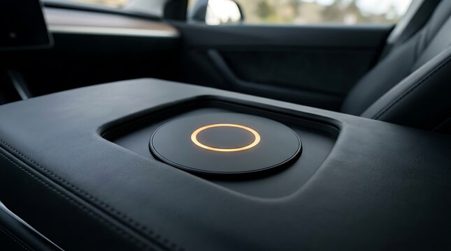 Car interior center console features wireless charging pad with glowing orange ring for charging electronic devices in modern electric vehicle automotive technology.