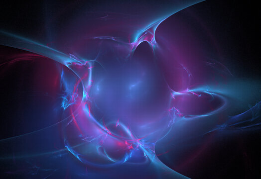 Vibrant digital fractal art featuring glowing blue, cyan, and golden light trails swirling around a central dark void. Energetic cosmic motion background.