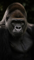 Obraz premium Majestic Gorilla Stare: A striking portrait of a powerful gorilla, his intense gaze filled with wisdom and strength, emanating an aura of primal dominance.