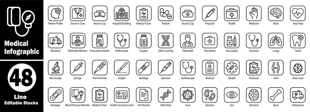 Medical and healthcare linear icons. Containing hospital equipment, doctor symbols, and diagnostic tools for graphic design use.