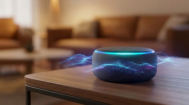 Smart Voice Assistant Device Glowing with Blue Sound Waves in Cozy Living Room.