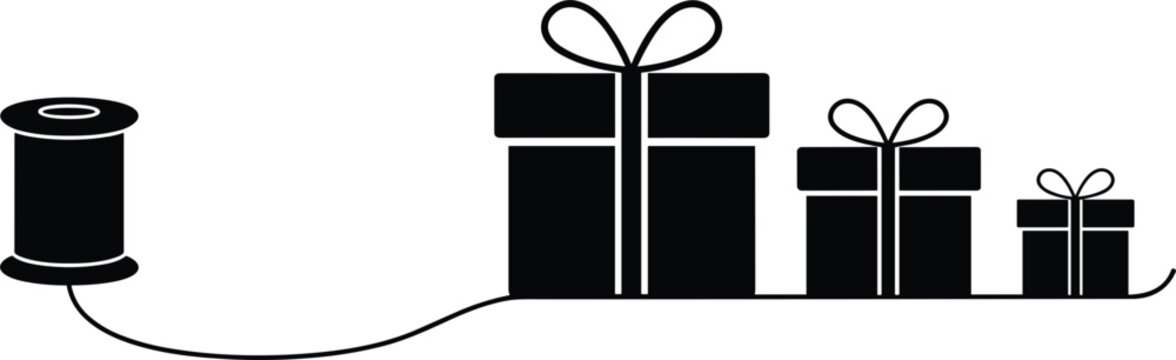 Minimalist black silhouette vector featuring spool of thread connected by a single line to three stylized gift boxes with bows, decreasing in size.