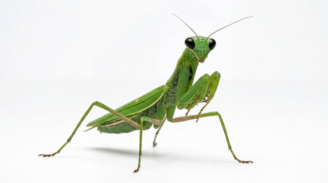 Green praying mantis insect on white background