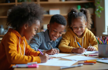 Fototapeta premium Three diverse kids enthusiastically learn together at a table. Young friends draw, write, and collaborate on papers, showing teamwork and mutual support in a happy study session.