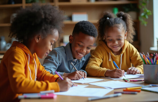 Three diverse kids enthusiastically learn together at a table. Young friends draw, write, and collaborate on papers, showing teamwork and mutual support in a happy study session.