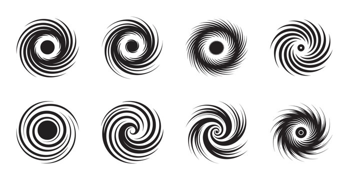 Abstract circular spiral vortex patterns and motion tunnel swirl graphic set.