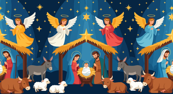 Nativity Scene with Angels, Animals, and Starry Night Sky