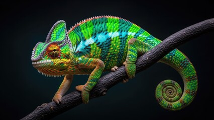 Fototapeta premium vibrant green chameleon on branch close-up in dark studio lighting