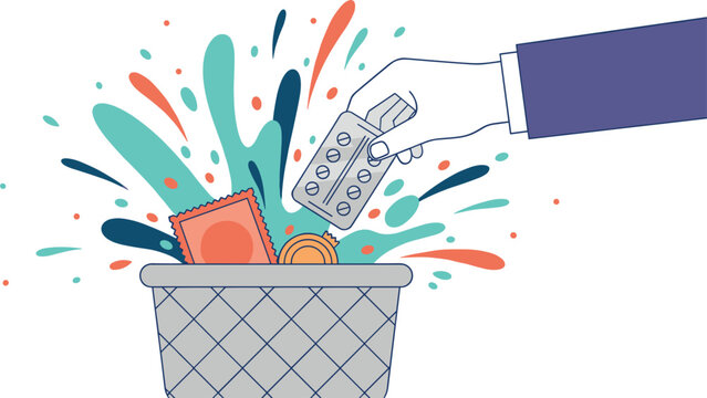 Vector illustration of a hand throwing various contraceptives, such as birth control pills and condoms, into a trash bin.