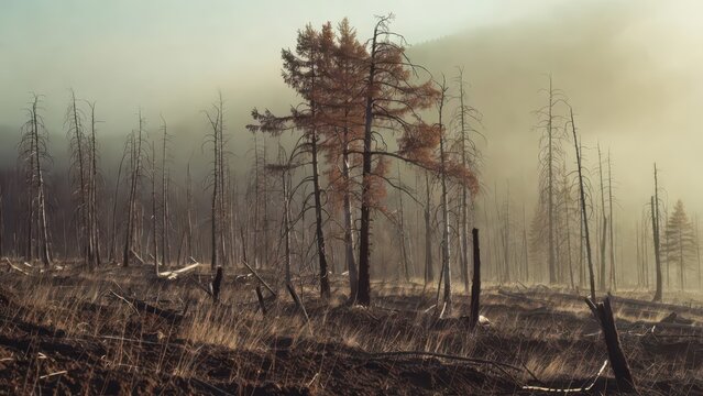 Barren forest landscape with dead trees and dry grass under a misty sky