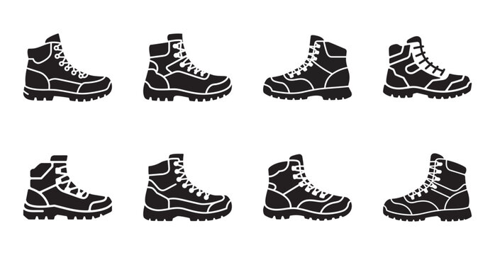 Set of black boots icons, military footwear design elements collection.