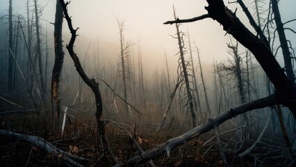 Obraz premium Eerie, misty forest of burnt trees and fallen branches, a desolate, haunting landscape.