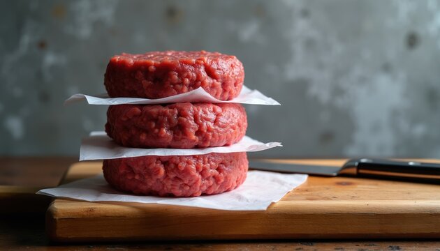 Three raw beef patties stacked with parchment paper on a wooden cutting board. A knife lies nearby ready for prep. Close up view of uncooked meat rounds for burgers.