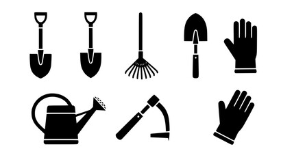 Minimal gardening tools silhouette vector set with farm equipment shovel rake spade icons © SHAHADAT