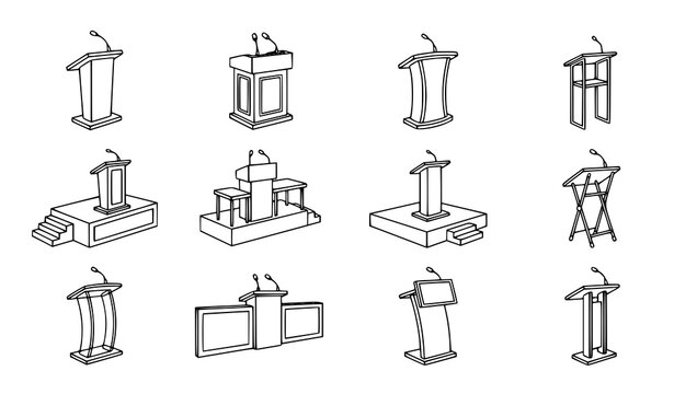Minimal outline icon set of empty debate podiums and tribunes for speech and conference presentation vector illustration