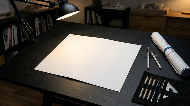 Blank white paper mockup on a black architect desk with drafting tools under a desk lamp