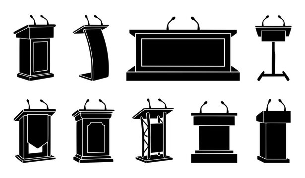 Bold silhouette collection of empty speaker podiums and debate tribunes for business and conference vector illustration