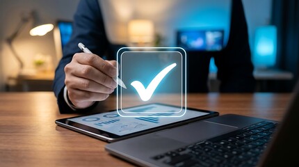 Fototapeta premium Businessman using digital tablet with glowing checkmark icon for business approval and task completion in office setting