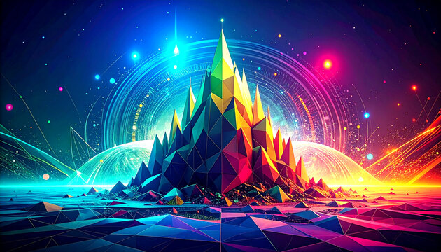 Abstract geometric mountainscape with vibrant neon colors