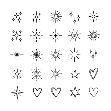 hand drawn star shapes sparkle icons and heart doodles vector illustration set perfect for decorative graphic design elements.