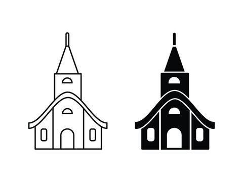 Church building icon pair in outline and silhouette styles for religious architecture design illustration.