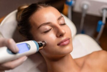 Naklejka premium Young woman receiving facial radiofrequency treatment with advanced skincare device in clinic. Anti aging technology skin tightening collagen stimulation and professional dermatology care.
