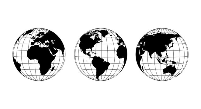 three globes showing different continents earth map on white background