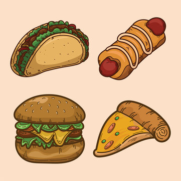 Junk food icon fast food illustration spicy salty meat burger pizza taco sausage roll
