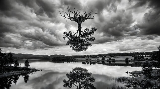  "Surreal black and white photograph: an upside-down tree floating in the sky, its roots exposed and reaching upward like branches catching clouds. Below, a normal landscape with a lake reflecting the