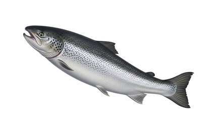 Obraz premium A large, silver-scaled salmon swimming with its tail fin spread, against a plain white background