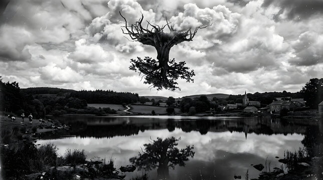  "Surreal black and white photograph: an upside-down tree floating in the sky, its roots exposed and reaching upward like branches catching clouds. Below, a normal landscape with a lake reflecting the