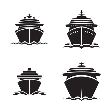 Set of four black cruise ship icons showing front view isolated on white.