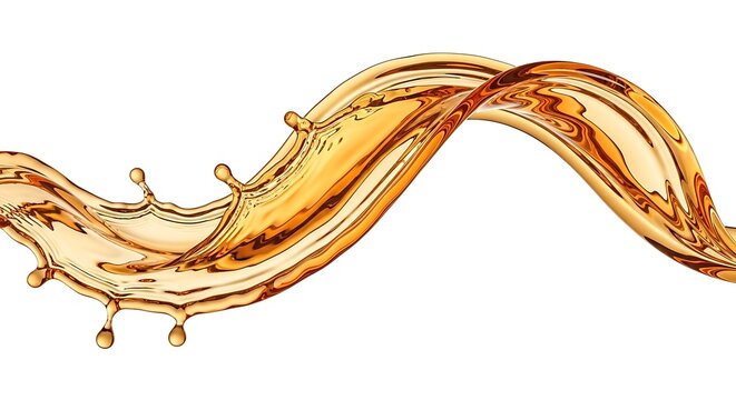 Golden Liquid Splash Flow Isolated on White Background, Glossy Fluid Wave Motion, Luxury Abstract Beverage or Oil Texture with Dynamic Movement
