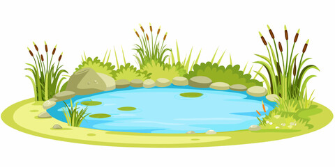 cartoon pond with blue water and green vegetation © Raju