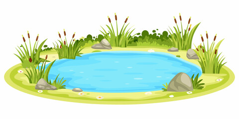 cartoon pond with blue water and green vegetation © Raju