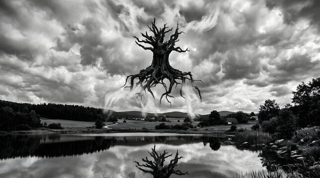  "Surreal black and white photograph: an upside-down tree floating in the sky, its roots exposed and reaching upward like branches catching clouds. Below, a normal landscape with a lake reflecting the
